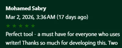 5-star review: Perfect tool - a must have for everyone who uses writer! Thanks so much for developing this. 